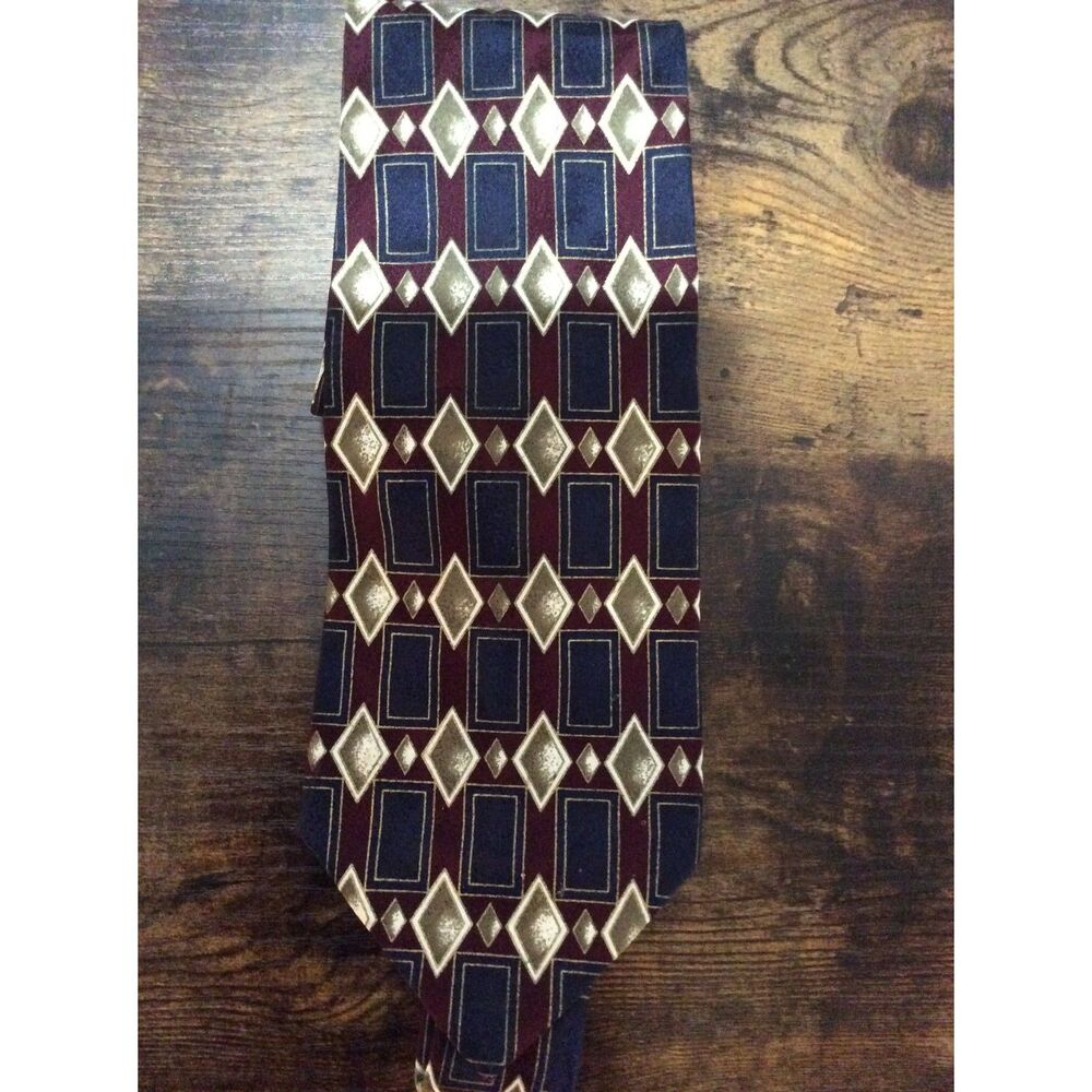100% Silk Mens Necktie Savile Row Diamonds Navy Burgandy Gold 59 x 3.75"